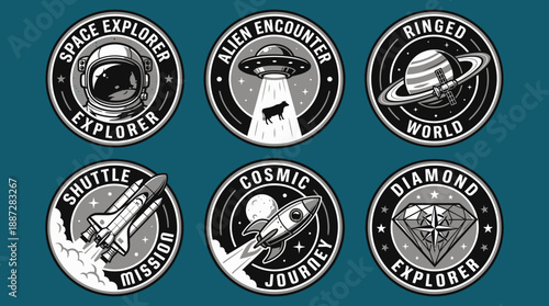 Vintage Space Exploration Badges Collection: Retro Astronaut, Rocket, UFO Alien Encounter, and Planetary Mission Emblems set in monochrome vector style.