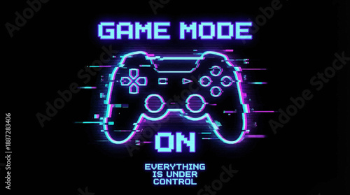 Game Mode On. Retro Glitch Controller Silhouette with Neon Cyberpunk Distortion. 8-bit Gaming Background.