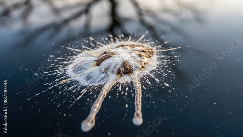 Close-up of bird droppings on a dark, reflective surface, with out-of-focus background