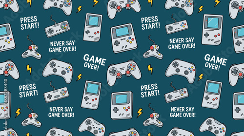 Retro Gaming Seamless Pattern. Handheld Consoles, Controllers, and Game Slogans (Press Start, Game Over) Doodle Vector Wallpaper Background.