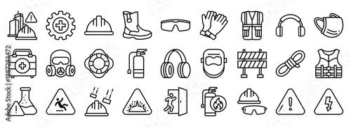 Work Safety icon collection. Containing design Safety Helmet, Safety Glasses, Security, Protection, Construction