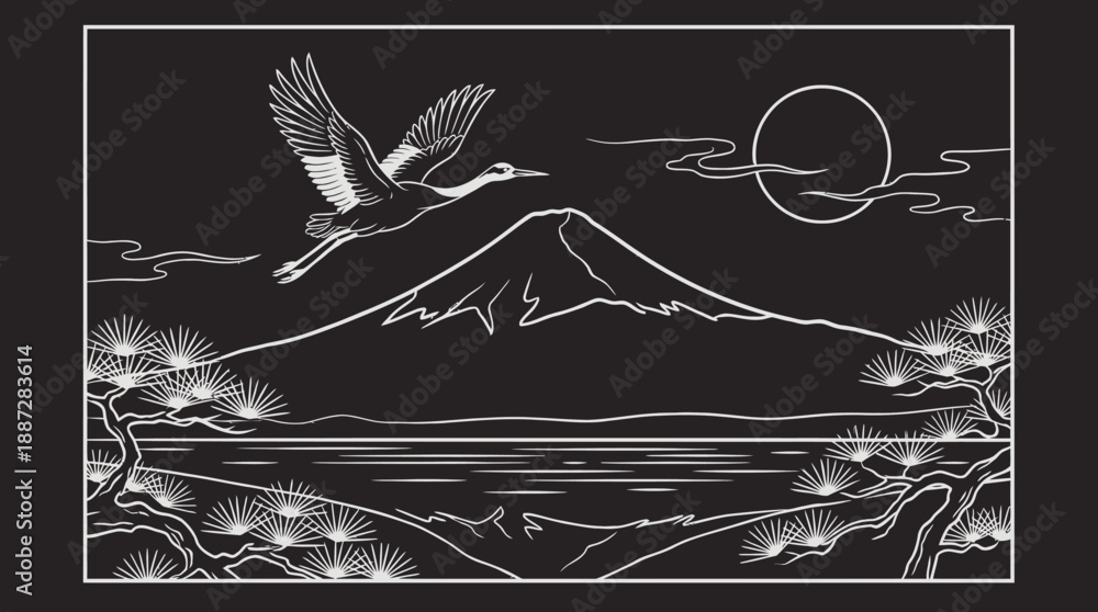 Fototapeta premium Traditional Japanese Line Art Vector of Red-Crowned Crane Flying over Mount Fuji, Pine Trees, and Sun. Elegant Monochrome Wabi-Sabi Design.