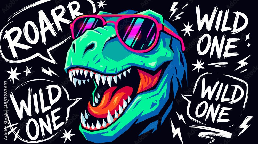 Obraz premium Neon T-Rex Dinosaur Head in Pink Sunglasses. Roaring Wild One Brush Lettering Design. Vibrant Retro Synthwave Style Vector Illustration.