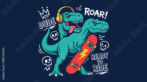 Edgy T-Rex Skateboarder Design: Dinosaur Wearing Headphones, Roaring Street Style Illustration. Apparel Graphic Print Vector.