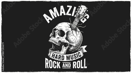 Rock and Roll Skull with Guitar Neck Graphic. Hand-Drawn Vintage Hard Music T-Shirt Design. Heavy Metal, Grunge, Engraving Style Vector.