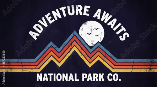 Adventure Awaits Retro National Park Design. Vintage Mountain Landscape T-Shirt Graphic with Distressed Stripes and Sun.