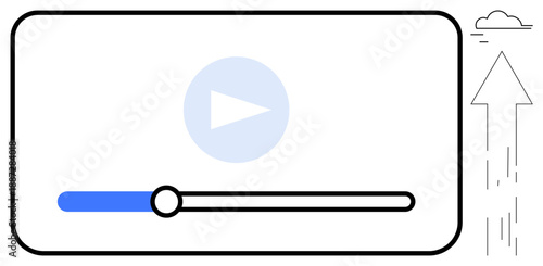 Digital media, streaming services, upload technology, cloud storage, file sharing, multimedia. Minimalist video player with a progress bar and upload arrow to the cloud. Streaming services and upload