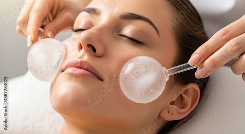 Woman getting facial massage with ice globes. Hands holding spheres to face. Relaxed expression