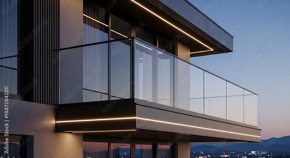Fototapeta premium Modern building exterior detail with glass balcony, subtle lighting, and evening sky