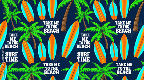 Retro Tropical Seamless Pattern: Colorful Surfboards, Palm Trees, and Summer Quotes. Repeating Vector Background for Apparel and Beach Themes.