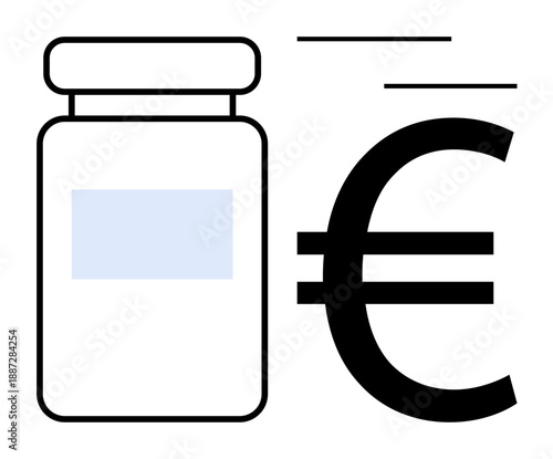 Medication container alongside a large Euro currency sign, symbolizing healthcare expenses, drug pricing, or pharmacy economics. Ideal for finance, healthcare, budgets, pharmaceuticals, economy