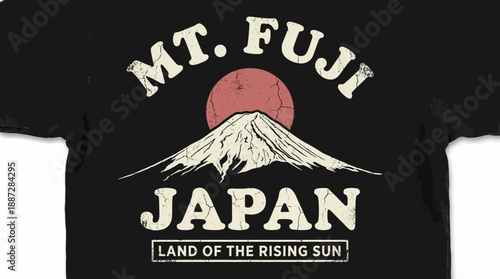 Retro Mount Fuji T-Shirt Design with Distressed Japan Text and Rising Sun Graphic. Vintage Apparel Print, Screen Printing Style.