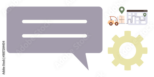 Logistics, supply chain, communication, delivery management, process optimization, transportation systems. Gear, speech bubble delivery truck map with location pin. Logistics and communication