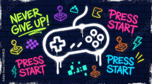 Neon Gaming Graffiti: Retro Controller, Joystick, and 'Press Start' on Dark Brick Wall. 8-Bit Arcade Style.