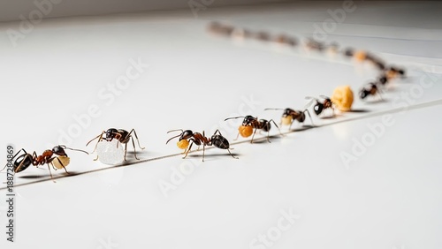 Wallpaper Mural A line of ants meticulously carrying food items on a bright, smooth surface Torontodigital.ca