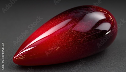 Highly polished teardrop shape exhibits deep metallic cranberry coloration against a dark backdrop.