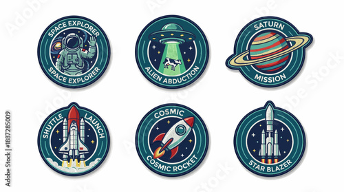 Vintage Space Patch Set. Retro Embroidered Astronaut, Rocket, UFO Alien Abduction, and Saturn Mission Badges Collection.