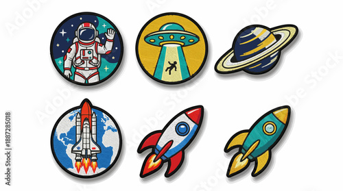 Retro Space Embroidery Patches Set: Astronaut, Rocket Ships, Saturn, UFO, and Space Shuttle Badges