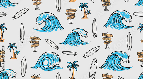Seamless Surfing Doodle Pattern: Retro Ocean Waves, Surfboards, Palm Trees, and Tropical Beach Signs Background.