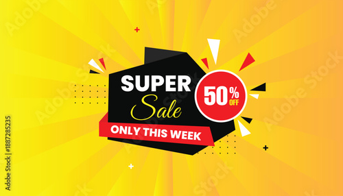 Super Sale Promotional Banner 50% off Discount and Limited Time Offer Advertising Marketing sticker label icon banner eps format editable template design with black red shapes with yellow background