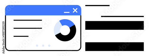 Data interface showing a pie chart, text lines, and navigation bar. Ideal for analytics, reporting, data visualization, business insights, digital tools, web design simple flat metaphor