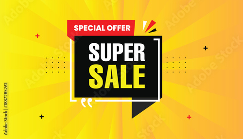 Super Sale Promotional Banner with Special Offer for Advertising and Marketing sticker label icon banner eps format editable template design with black and red shapes with yellow abstract background