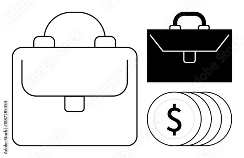 Financial planning, wealth management, banking, investment, corporate solutions, business operations. A set of briefcase icons and dollar coins. Financial planning and wealth management concept