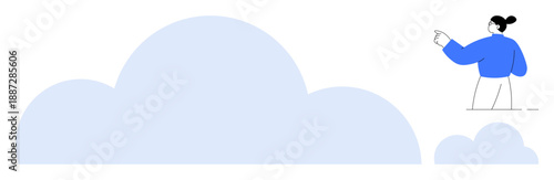 Cloud computing, digital storage, technology trends, data management, online collaboration, remote access. Large cloud with a person in blue pointing. Cloud computing and data management concept