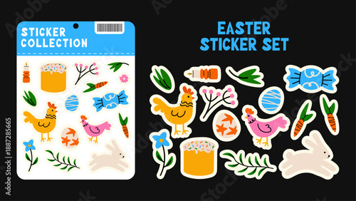 Printable Easter sticker set with cute bunny, eggs, flowers and festive elements. Ready-to-use spring illustrations for packaging, cards and decor.