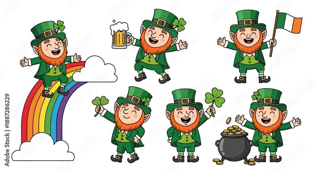 Fototapeta premium Collection of Cute Leprechauns Celebrating St. Patrick's Day with Beer, Rainbow, and Gold