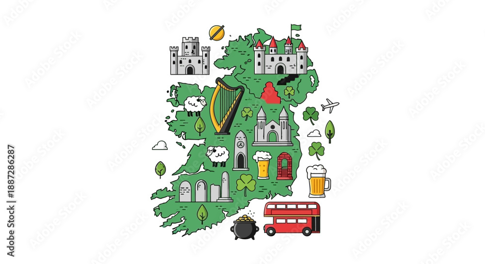Obraz premium Colorful Ireland Map Illustration with Famous Landmarks and Symbols of Culture