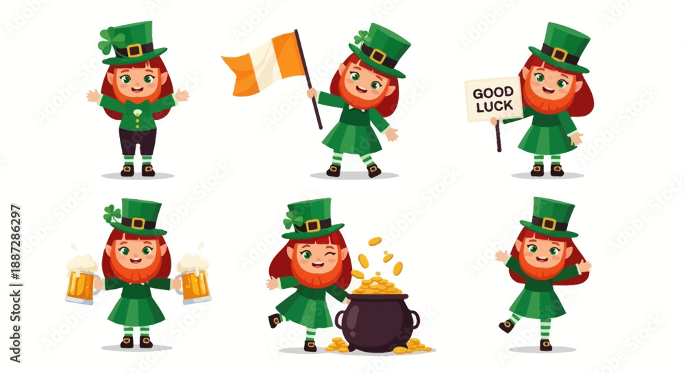 Fototapeta premium Charming St. Patrick's Day Leprechaun Girl Characters with Symbols for Celebration