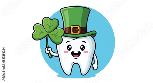 Cute Tooth Character in Leprechaun Hat Holding Shamrock for St. Patrick's Day Celebration