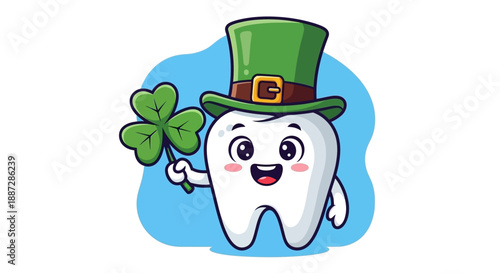 Cute Tooth Character Wearing Leprechaun Hat Holding Shamrock for St. Patrick's Day Celebration