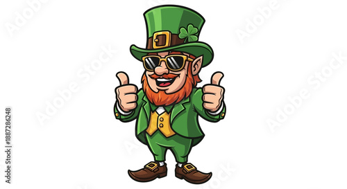 Cool Leprechaun in Green Suit and Hat Giving Thumbs Up Gesture Vector Illustration