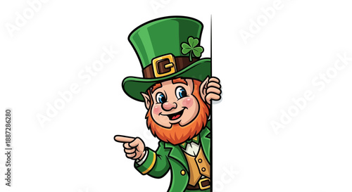 Smiling Leprechaun Character in Green Hat and Suit Pointing Sideways at White Space