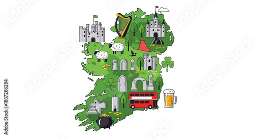 Charming Vector Illustration of Ireland's Iconic Landmarks and Symbols