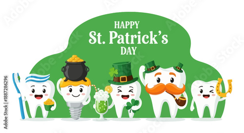 Happy St. Patrick's Day Cute Dental Characters with Irish Symbols Vector Illustration