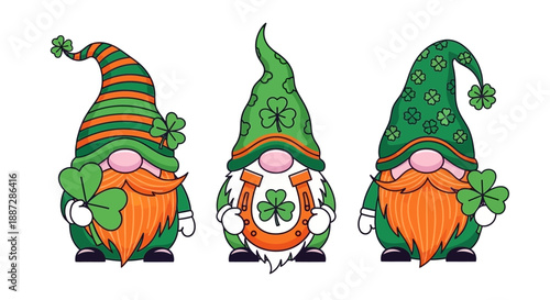 St. Patrick's Day Gnomes with Clovers and Horseshoe, Festive Green and Orange Illustration