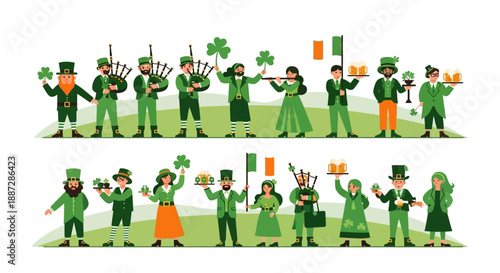 St. Patrick's Day Celebration: Vector Illustrations of Irish People Enjoying Festivities