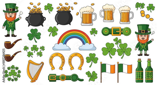 Saint Patrick's Day Celebration Icon Set with Leprechauns, Beer, and Rainbows
