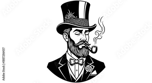 Elegant Vintage Gentleman in Top Hat Smoking Pipe with Bow Tie and Flower Emblem