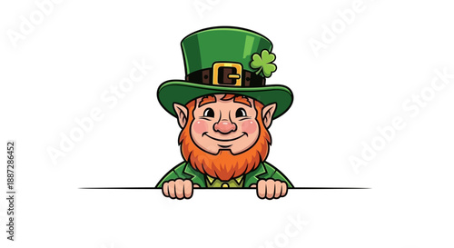 Cute Cartoon Leprechaun Peeking Over a White Border with Clover