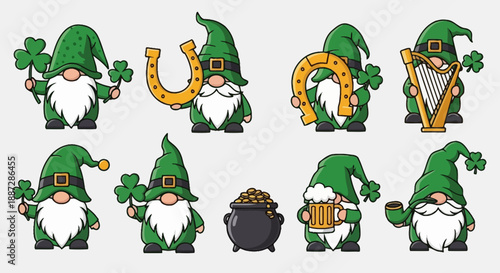 Lucky Green Gnomes with Shamrocks, Horseshoe, Harp, and Pot of Gold