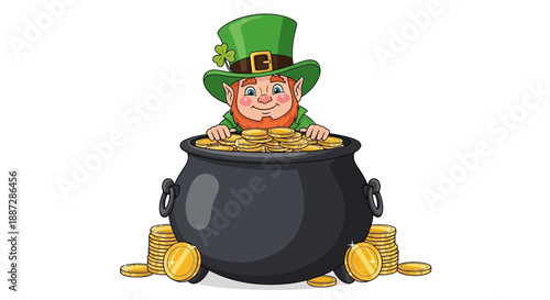 Leprechaun with Pot of Gold Coins, St. Patrick's Day Festive Illustration for Celebrations