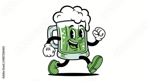 Retro Cartoon Green Beer Mug Character with Frothy Head Running