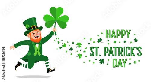 Happy St. Patrick's Day Greeting with a Running Leprechaun and Shamrock Confetti