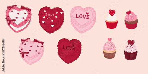 Set of cute hand-drawn Valentine's Day illustrations featuring heart-shaped cakes and cupcakes