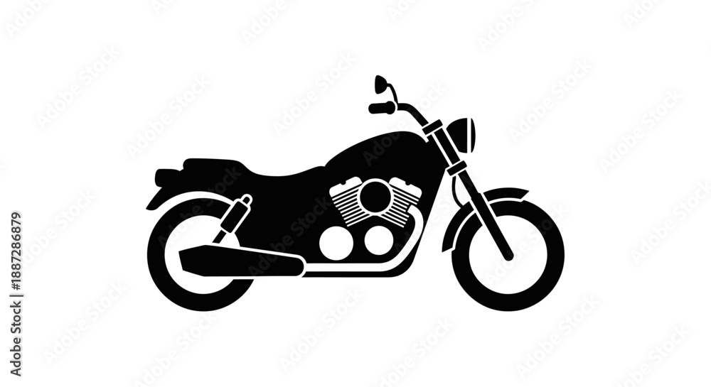 Obraz premium Black silhouette icon of a classic cruiser motorcycle, isolated on white. Vector illustration for transport and travel.