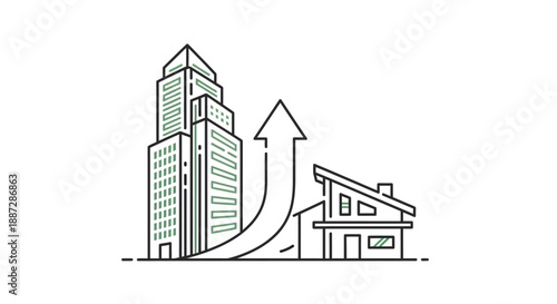 Urbanization and real estate market growth concept. Skyscraper and house with upward trend arrow, illustrating property development.